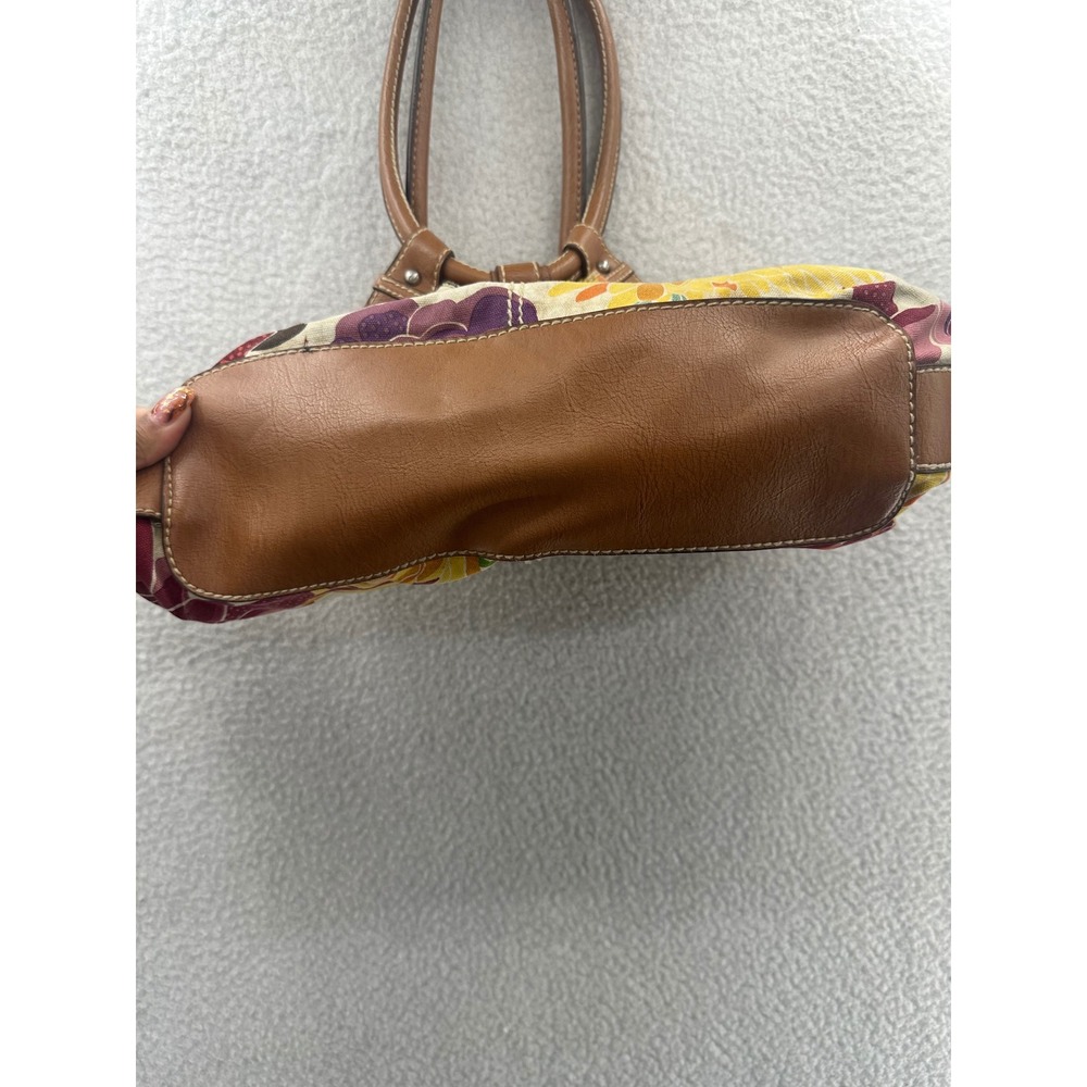 Fossil Floral Print Canvas Handbag Purse Satchel Brown Leather Trim - Picture 7 of 13